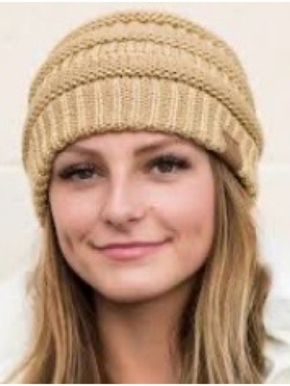 Knit Slouchy CC Beanie Hat in Gold Metallic Women's Accessories